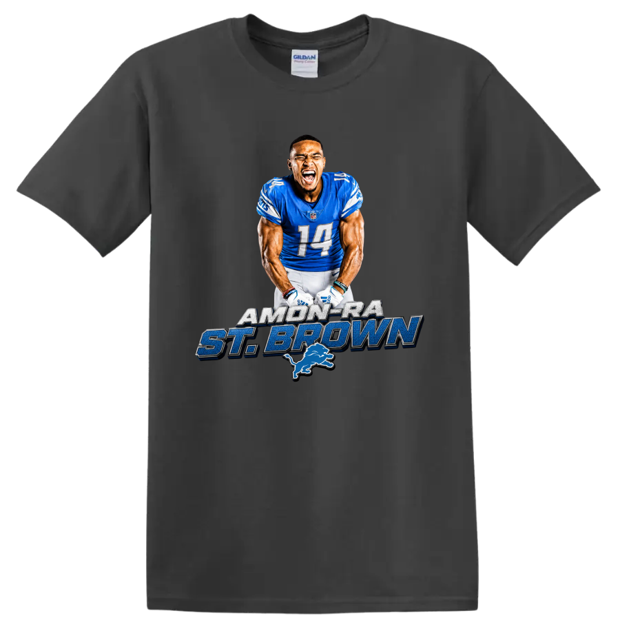 Amon-Ra St. Brown Detroit Lions wide receiver graphic with name lettering and lion emblem on a Charcoal T Shirt