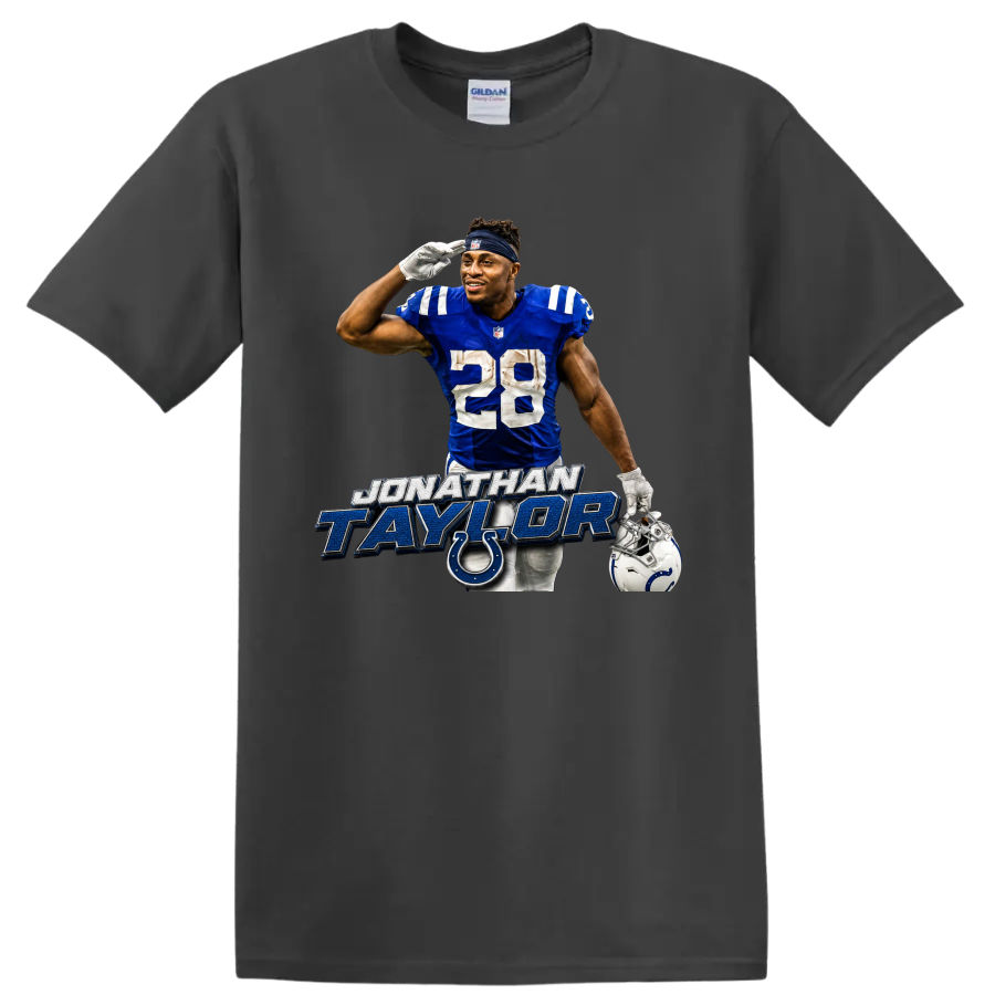 Jonathan Taylor Colts number 28 football player graphic with horseshoe emblem on a Charcoal T Shirt