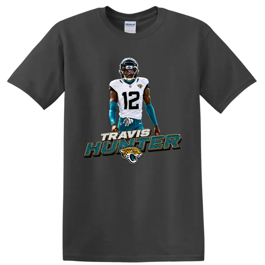 Travis Hunter Jaguars number 12 football player graphic with bold name lettering on a Charcoal T Shirt