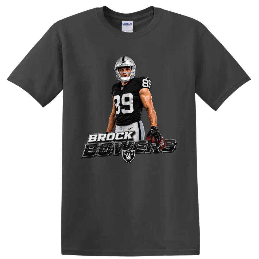 Brock Bowers Raiders No. 89 football player graphic with metallic name lettering on a Charcoal T Shirt
