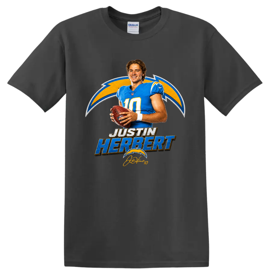 Justin Herbert Chargers quarterback graphic with football, lightning bolts, and player on a Charcoal T Shirt