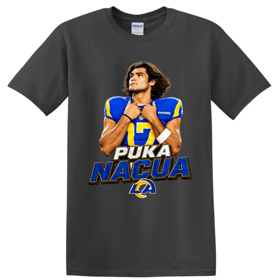 Puka Nacua Rams number 17 football portrait with PUKA NACUA text and horn emblem on a Charcoal T Shirt