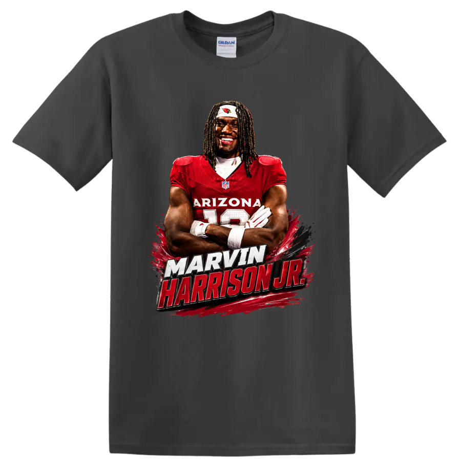 Marvin Harrison Jr Arizona Cardinals wide receiver portrait with bold name lettering on a Charcoal T Shirt