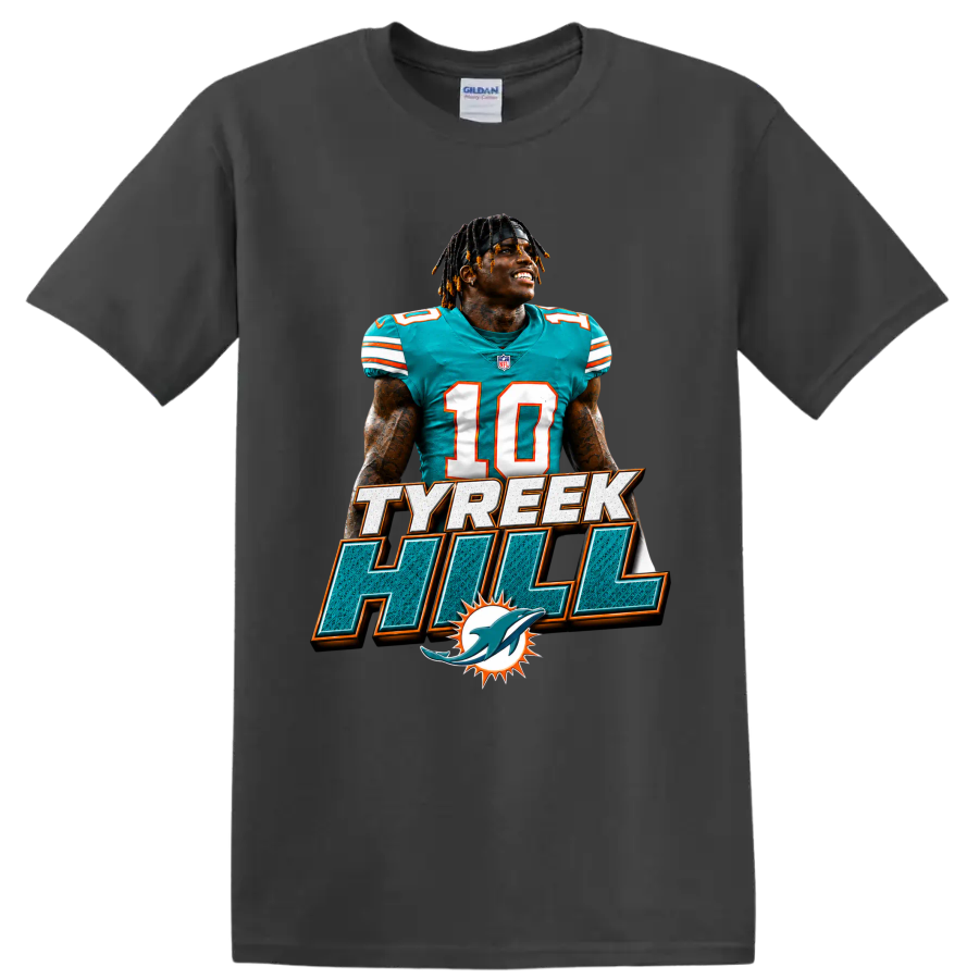 Tyreek Hill Miami Dolphins number 10 football portrait with TYREEK HILL text on a Charcoal T Shirt
