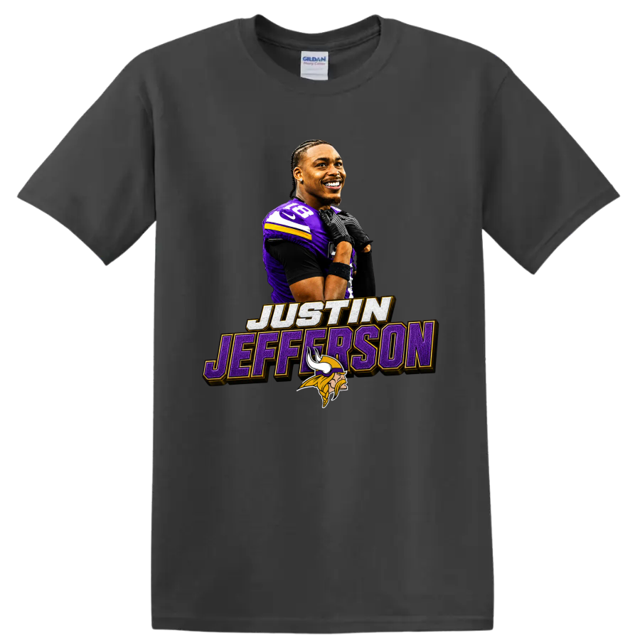 Justin Jefferson Minnesota Vikings player graphic with number 18 and name lettering on a Charcoal T Shirt