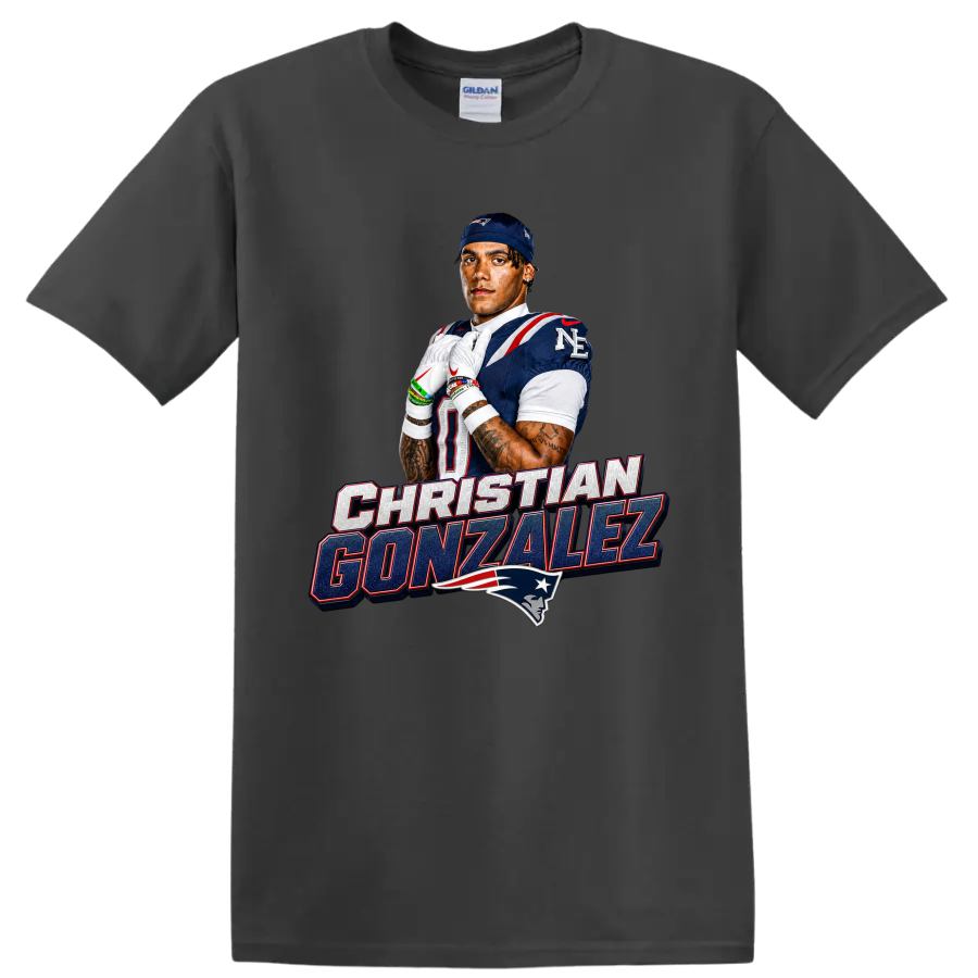 Christian Gonzalez Patriots football portrait with player-name lettering and team logo on a Charcoal T Shirt