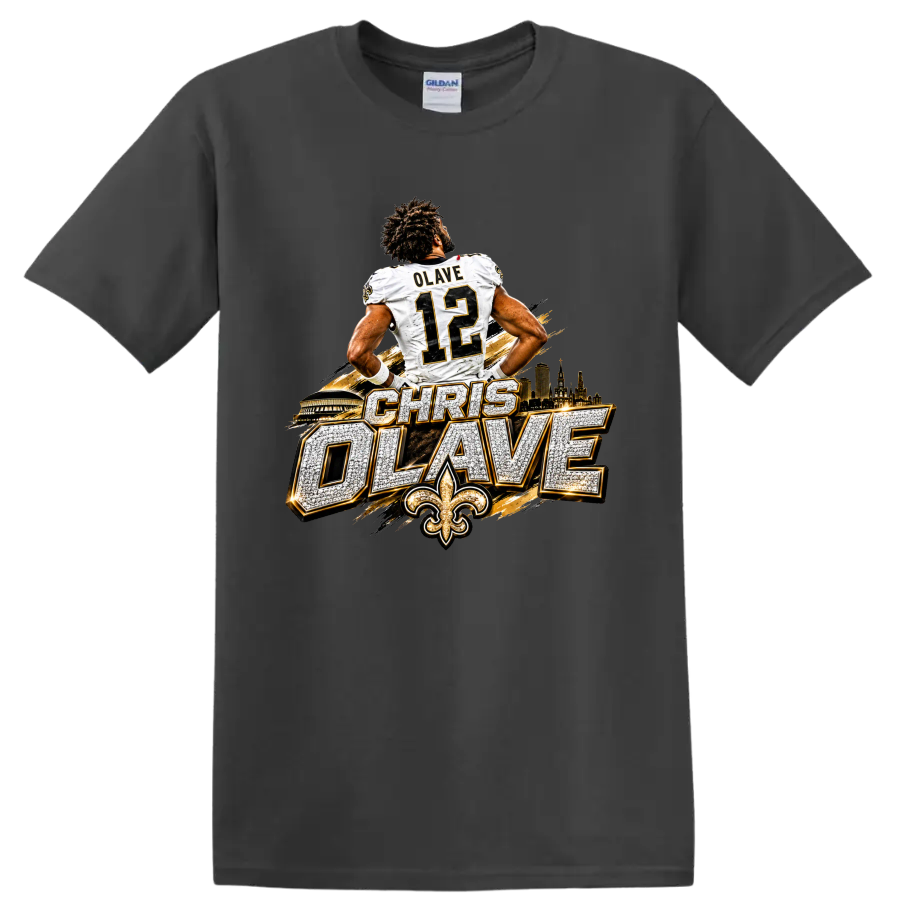 Chris Olave number 12 Saints football graphic with skyline, fleur-de-lis, and bold on a Charcoal T Shirt
