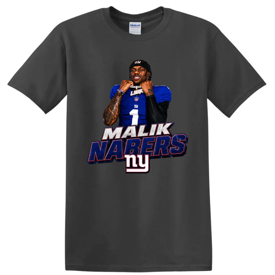Malik Nabers New York Giants number 1 portrait graphic with MALIK NABERS lettering on a Charcoal T Shirt