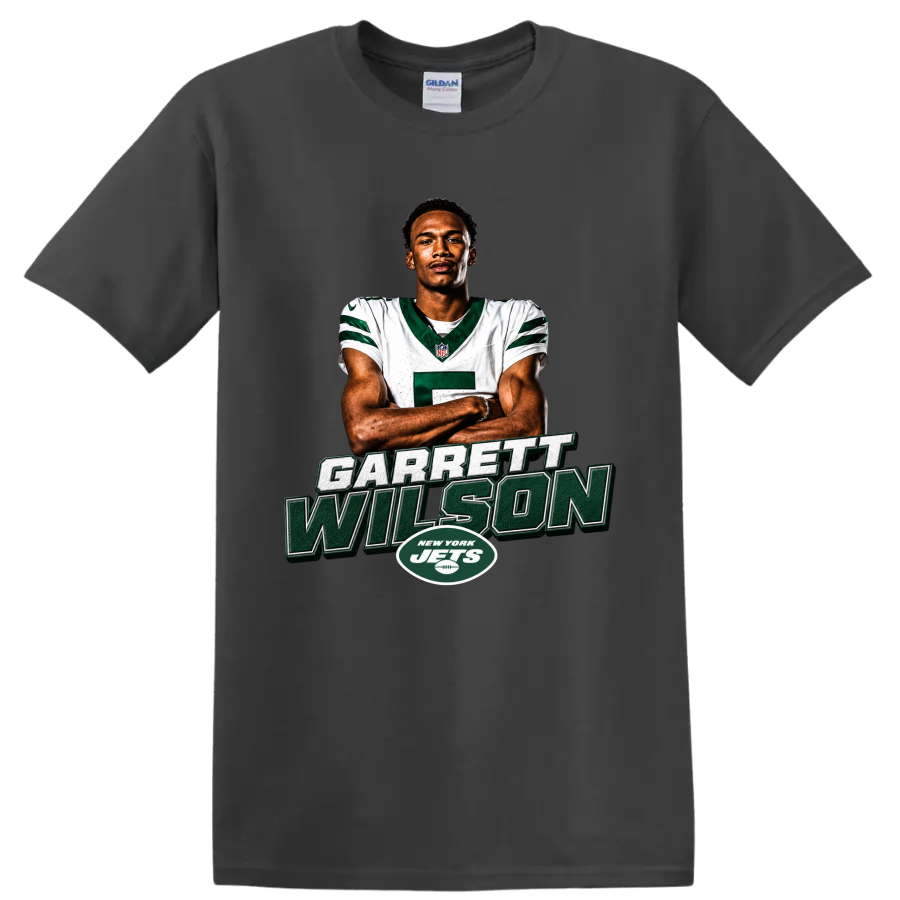 Garrett Wilson New York Jets player portrait with bold name lettering and team logo on a Charcoal T Shirt