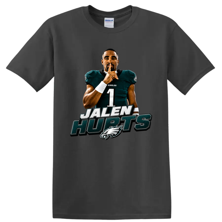 Jalen Hurts Eagles quarterback shush pose with JALEN HURTS text and bird-head emblem on a Charcoal T Shirt