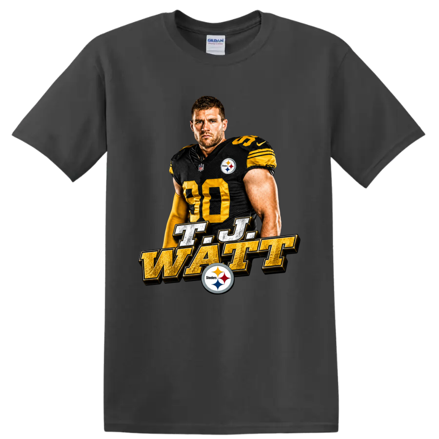 T.J. Watt Pittsburgh Steelers number 90 portrait with metallic T.J. Watt lettering on a Charcoal T Shirt