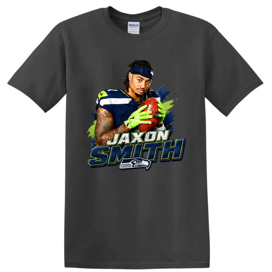 Jaxon Smith-Njigba Seahawks football portrait with distressed name lettering on a Charcoal T Shirt