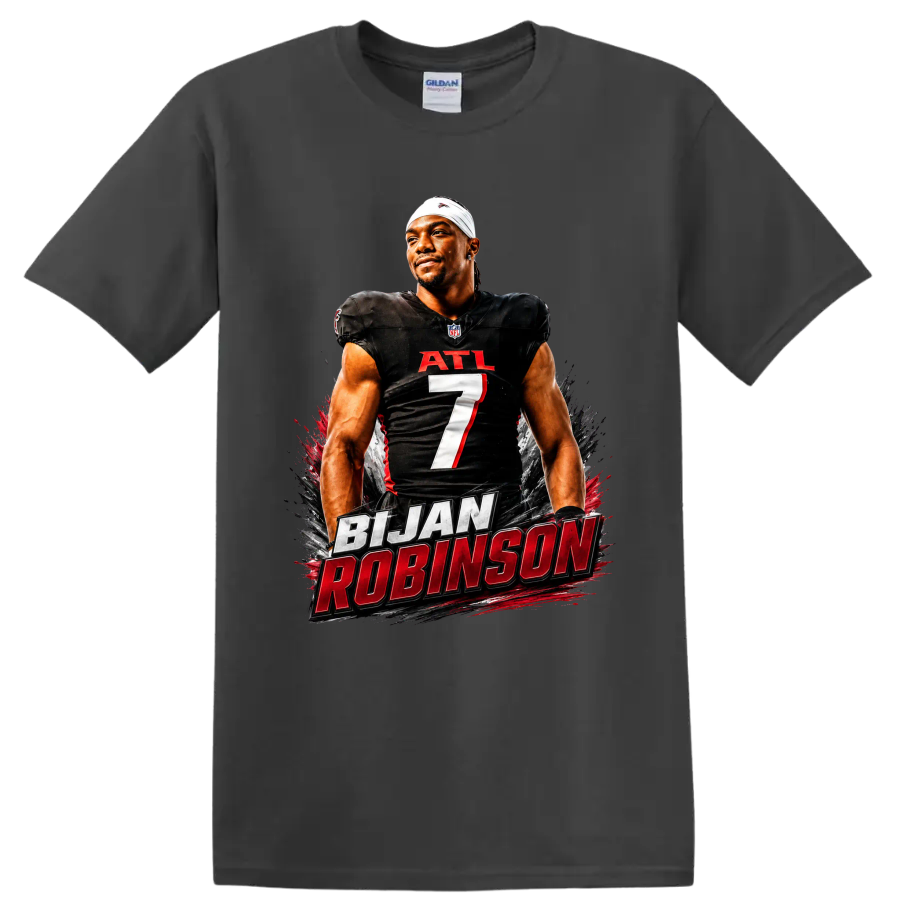 Bijan Robinson Atlanta Falcons number 7 football portrait with bold name lettering on a Charcoal T Shirt
