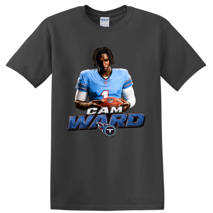 Cam Ward Tennessee Titans quarterback graphic with football, name lettering, and team logo on a Charcoal T Shirt