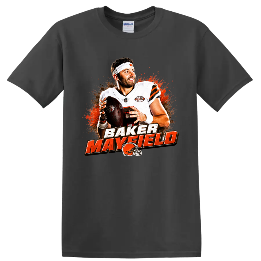 Baker Mayfield Cleveland Browns football graphic with distressed lettering and helmet on a Charcoal T Shirt
