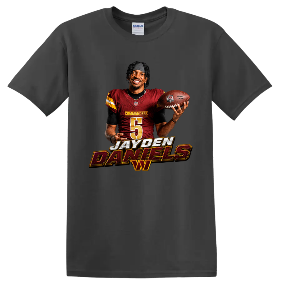Jayden Daniels Washington Commanders quarterback graphic with football and bold name on a Charcoal T Shirt