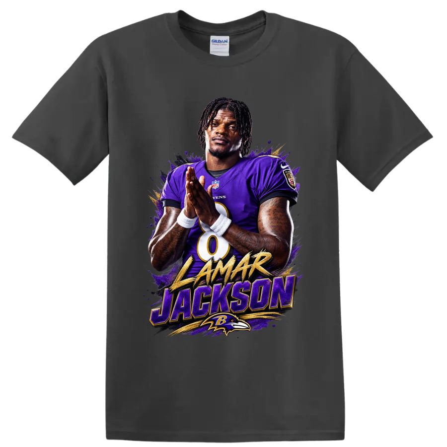 Lamar Jackson Ravens quarterback portrait with gold name text and purple paint-splash art on a Charcoal T Shirt
