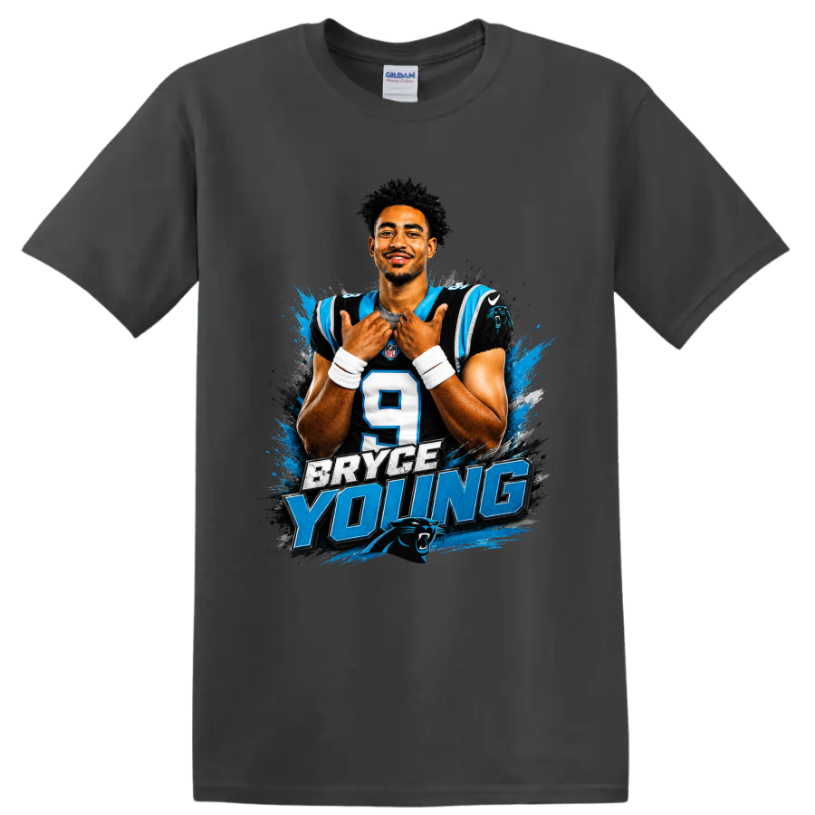 Bryce Young Carolina Panthers number 9 portrait with bold Bryce Young lettering on a Charcoal T Shirt