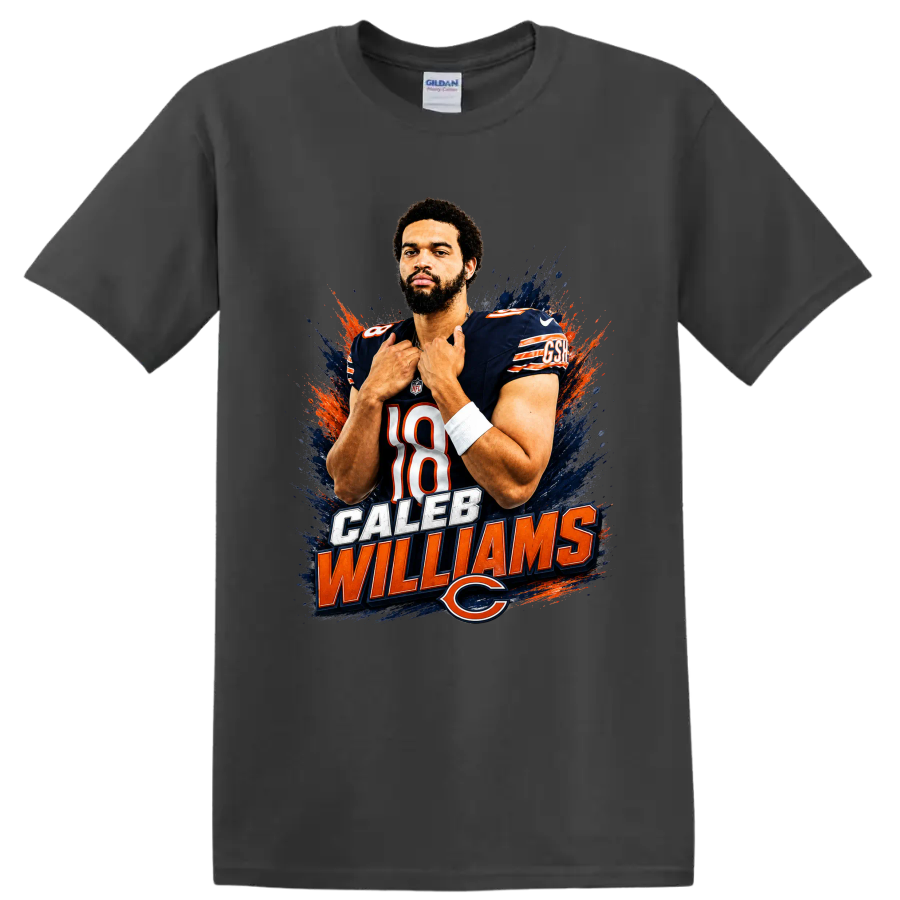 Caleb Williams Chicago Bears number 18 portrait with paint splashes and name lettering on a Charcoal T Shirt