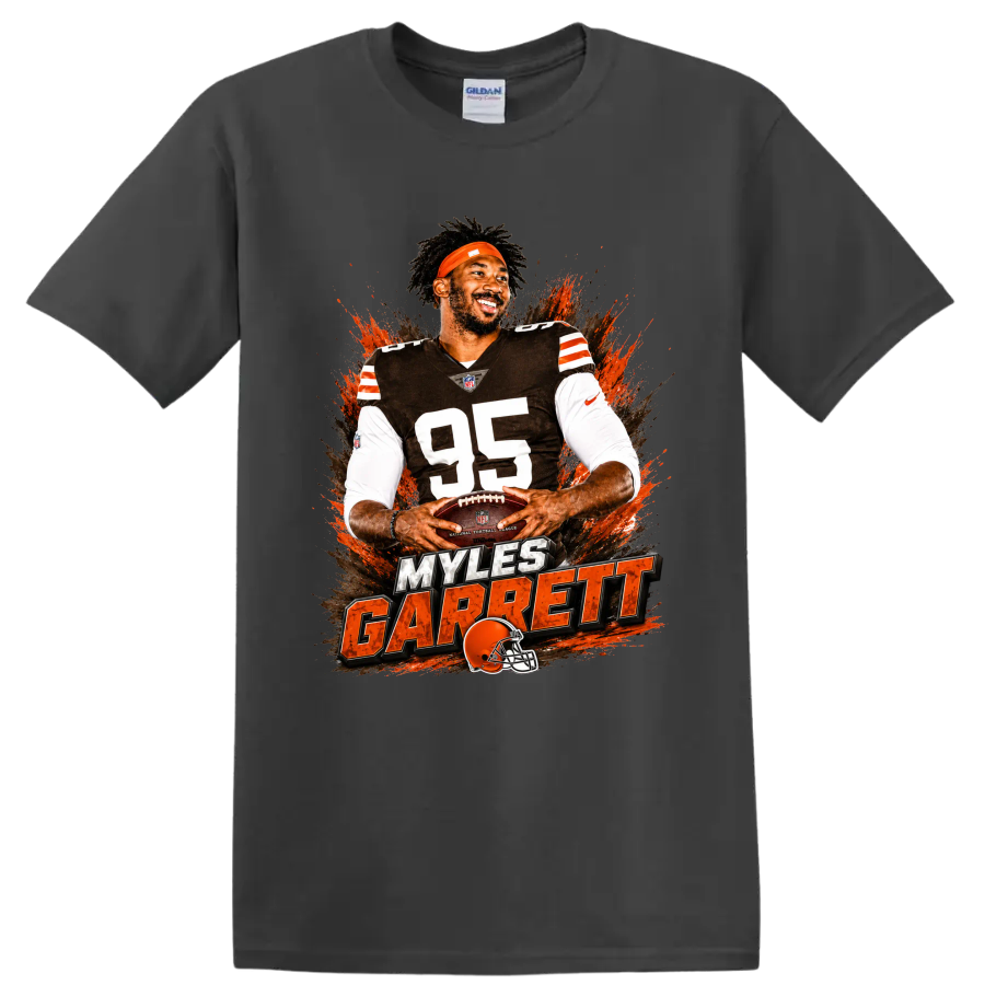 Myles Garrett number 95 Cleveland Browns football graphic with orange paint splashes on a Charcoal T Shirt