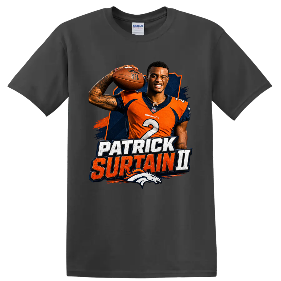 Patrick Surtain II Broncos football player graphic with distressed name lettering on a Charcoal T Shirt