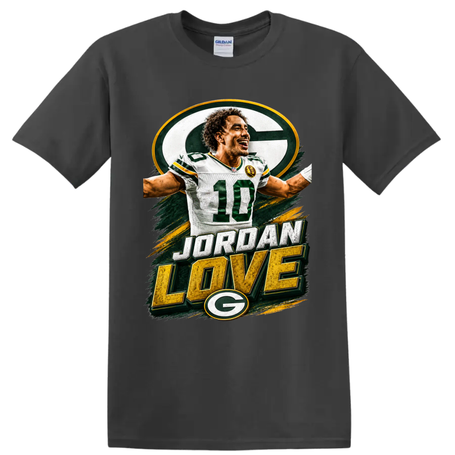 Jordan Love Green Bay Packers number 10 graphic with distressed JORDAN LOVE text on a Charcoal T Shirt