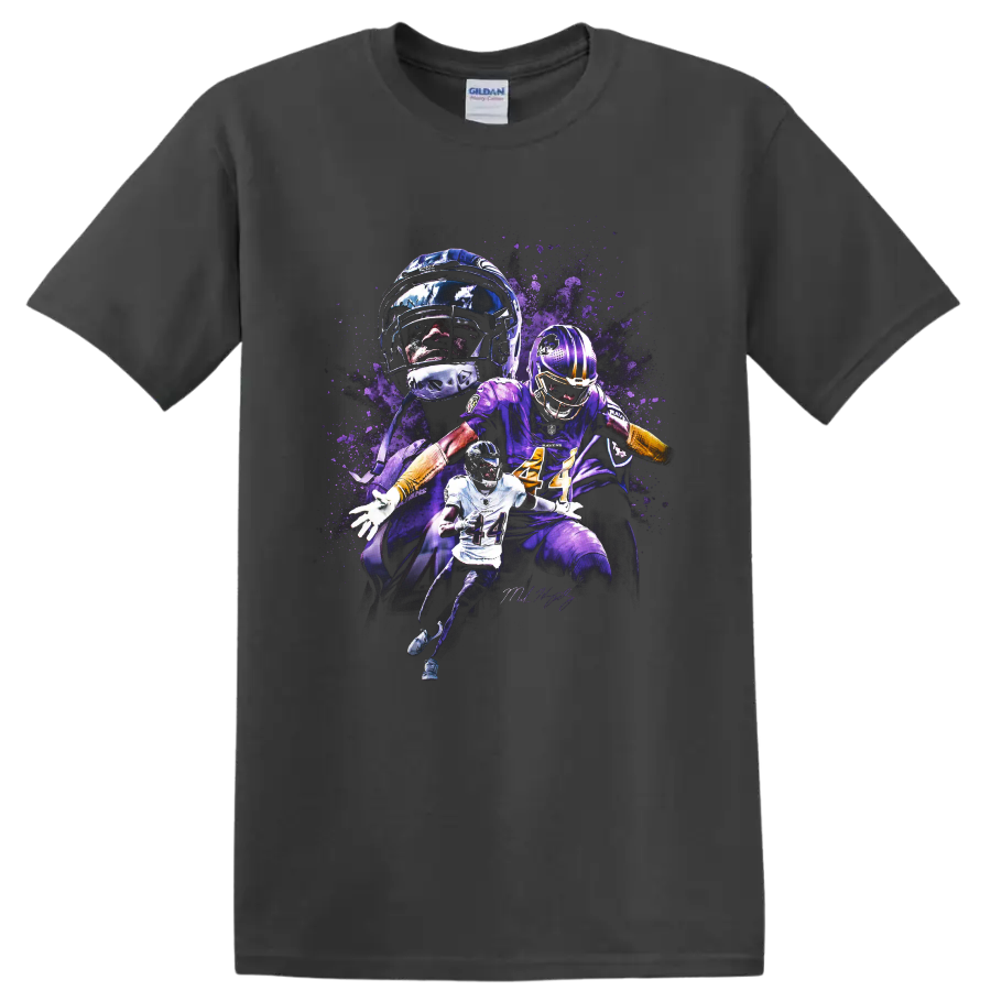 Justin Jefferson Minnesota Vikings wide receiver action collage with purple splatter art on a Charcoal T Shirt