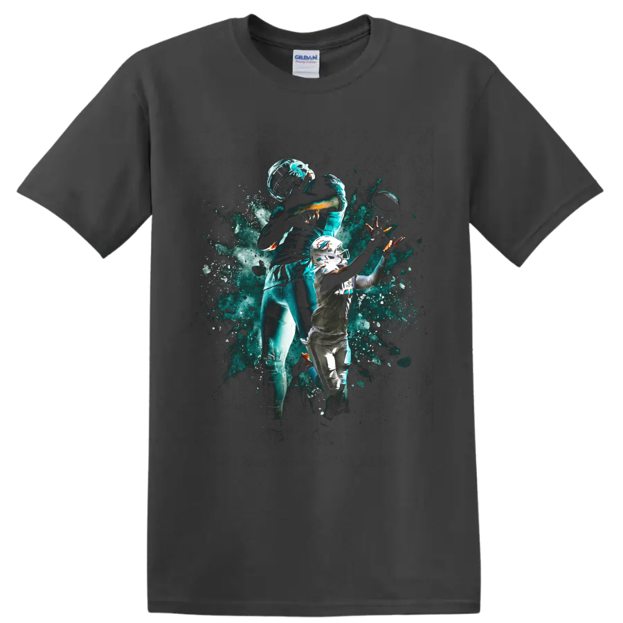 Tua Tagovailoa Miami Dolphins quarterback action art with helmet and football on a Charcoal T Shirt