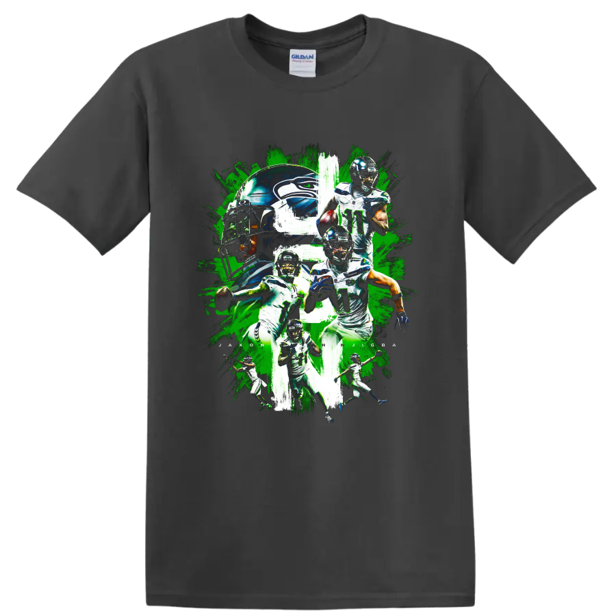 Jaxon Smith-Njigba Seahawks number 11 football action collage with helmet artwork on a Charcoal T Shirt