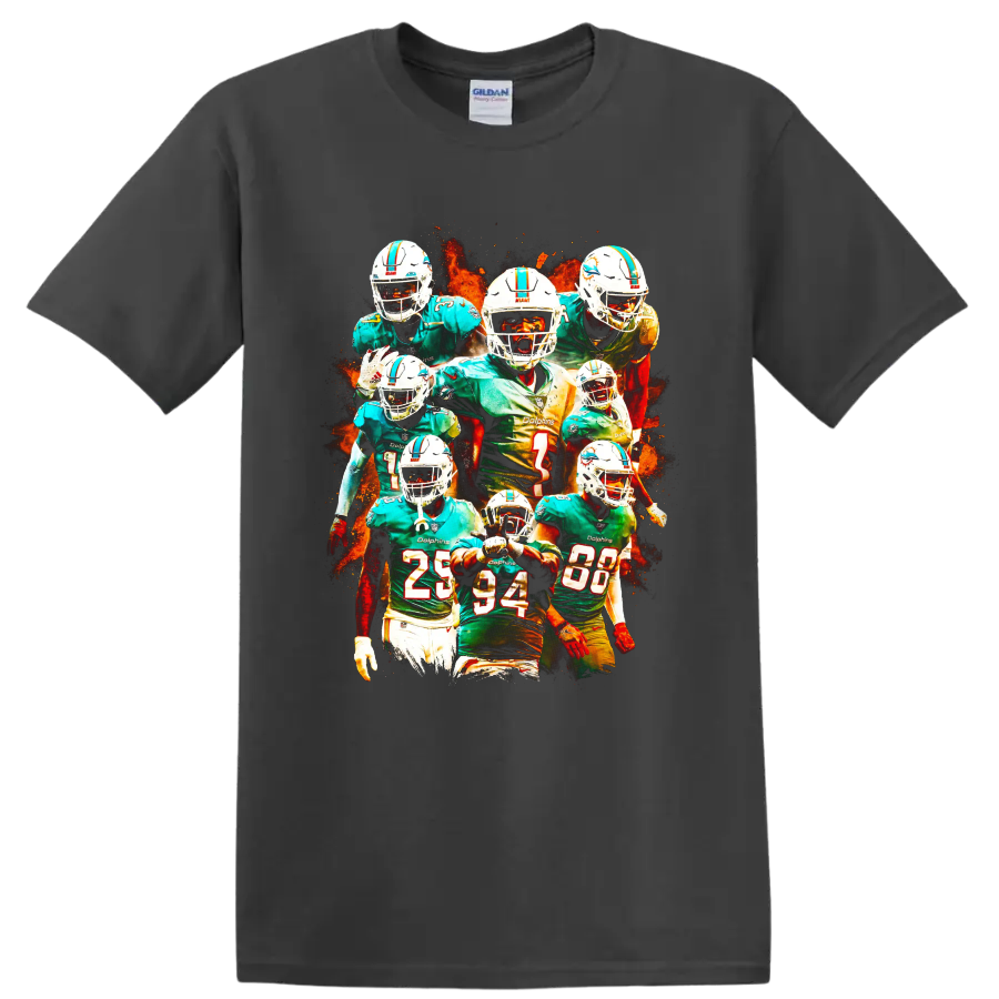 Tua Tagovailoa Miami Dolphins quarterback collage with fiery football artwork on a Charcoal T Shirt