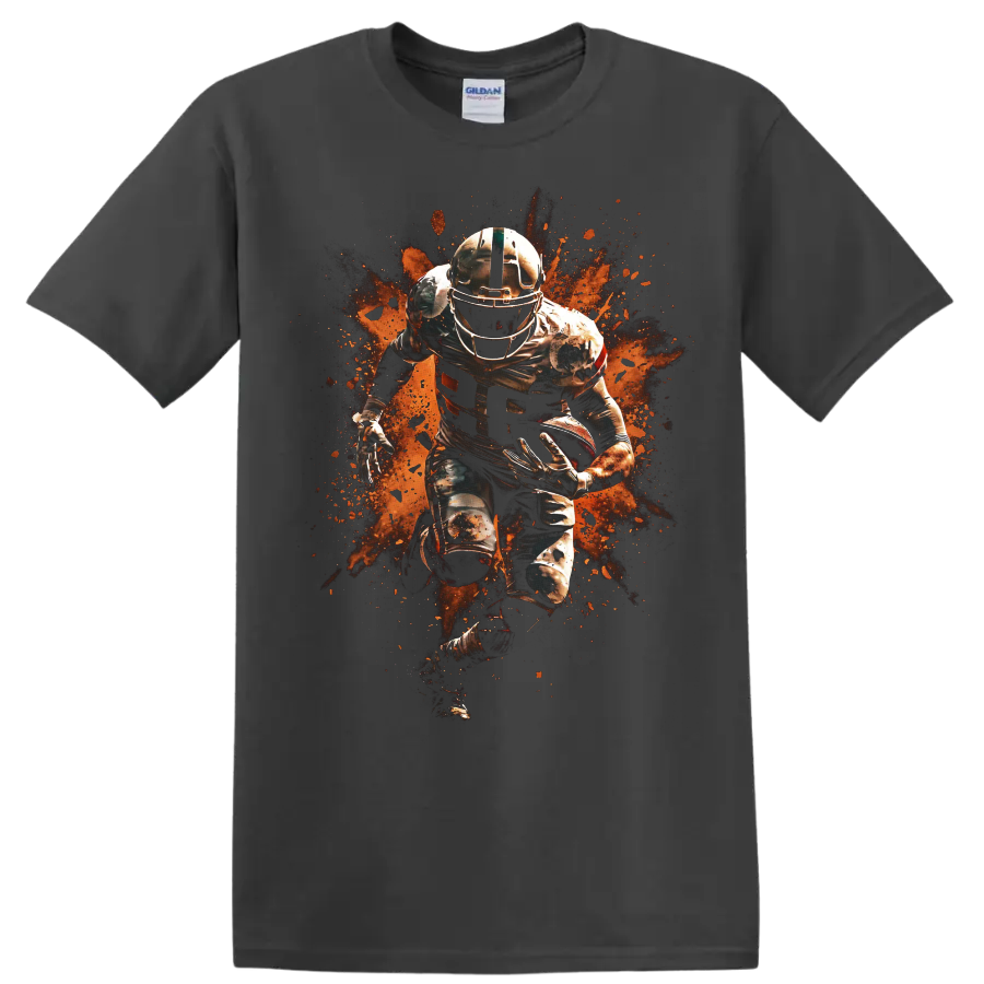 Nick Chubb Cleveland Browns running back action graphic with orange paint splatter on a Charcoal T Shirt