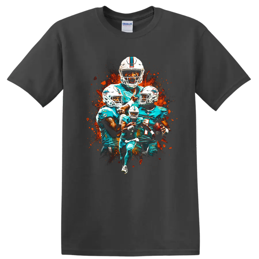 Miami Dolphins Tua Tagovailoa, Tyreek Hill and Jaylen Waddle paint-splatter collage on a Charcoal T Shirt