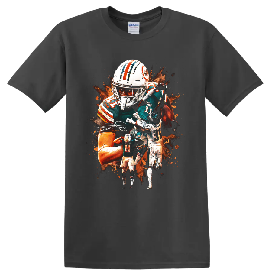 DeVante Parker Miami Dolphins action football collage with orange paint splashes on a Charcoal T Shirt