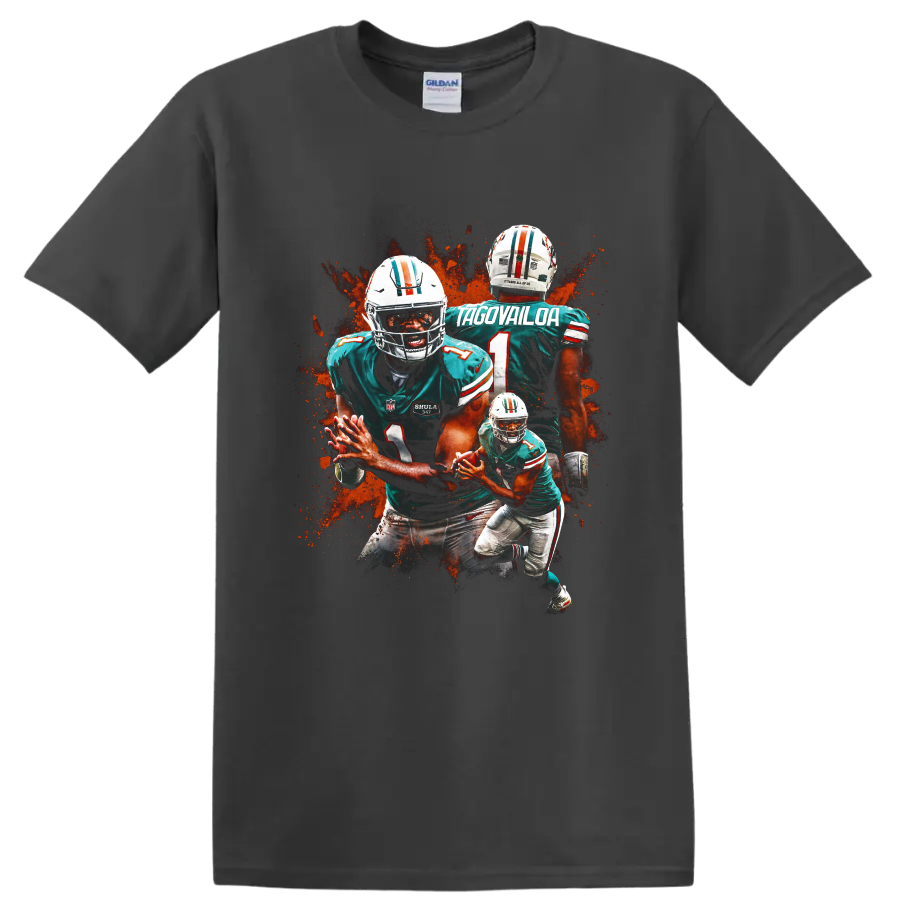 Tua Tagovailoa Miami Dolphins action graphic with layered football poses on a Charcoal T Shirt