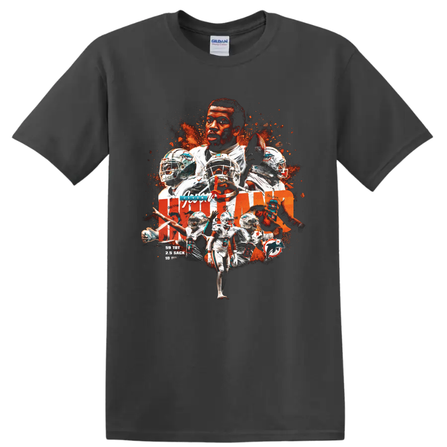 Jevon Holland Miami Dolphins safety action collage with helmets and football on a Charcoal T Shirt