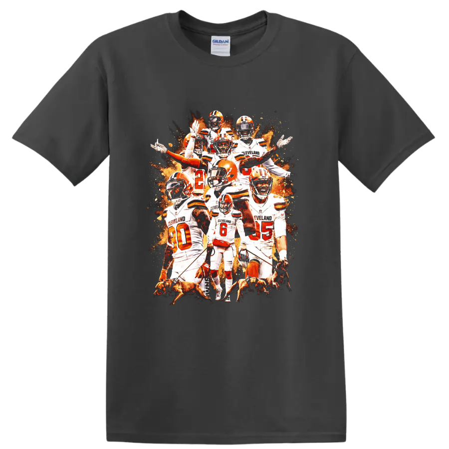 Baker Mayfield Cleveland Browns football collage with orange helmets and dogs on a Charcoal T Shirt