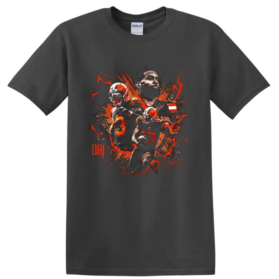 Odell Beckham Jr Cleveland Browns action portrait graphic with orange splatter on a Charcoal T Shirt
