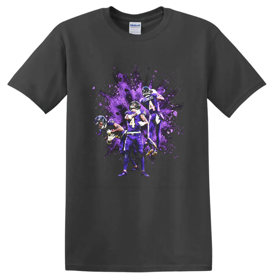 Zay Flowers Baltimore Ravens football action graphic with purple paint splash on a Charcoal T Shirt