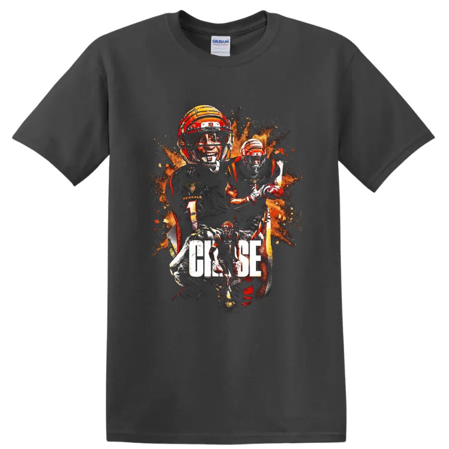 Ja'Marr Chase Bengals football collage with tiger, fiery splatter, and CHASE text on a Charcoal T Shirt
