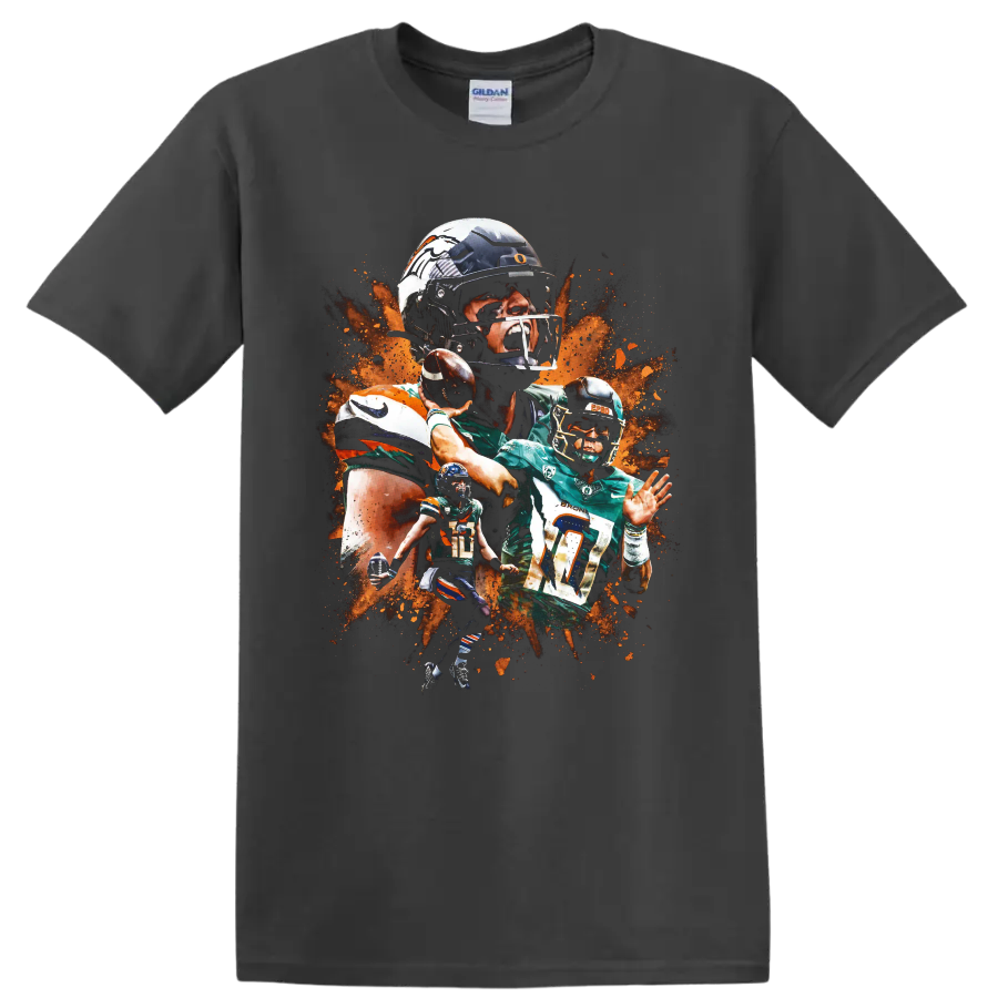 Bo Nix Denver Broncos quarterback collage with number 10 action poses and orange splatter on a Charcoal T Shirt