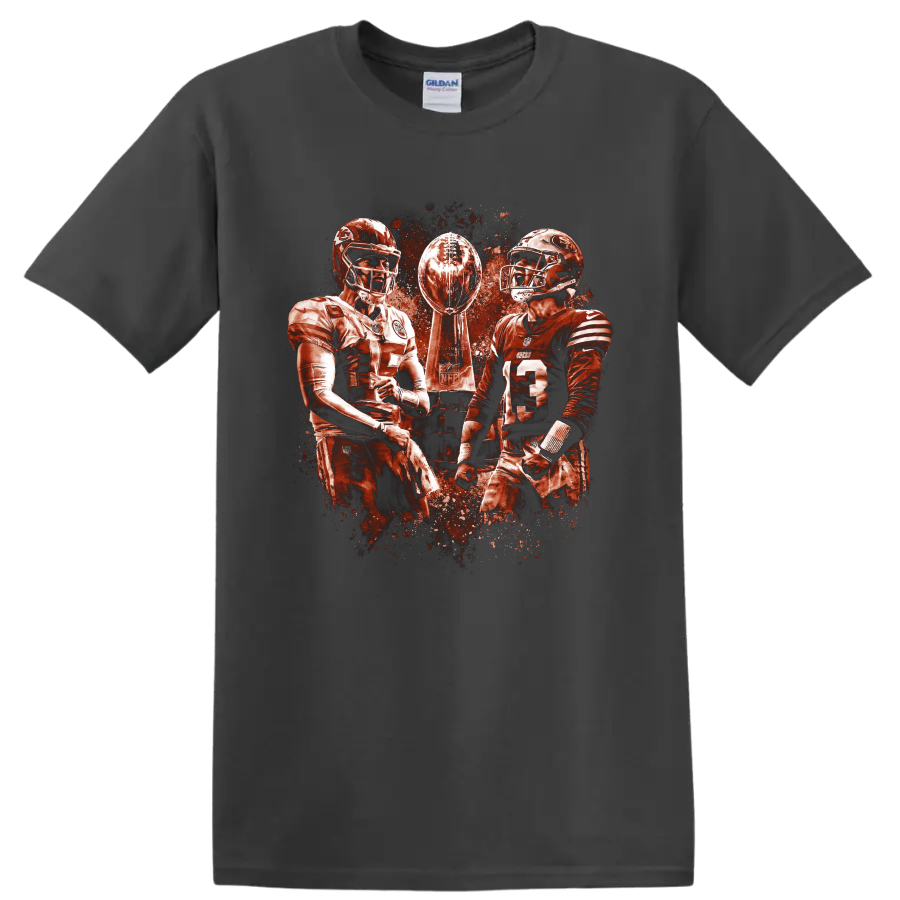 Patrick Mahomes and Brock Purdy with Lombardi Trophy in distressed football art on a Charcoal T Shirt