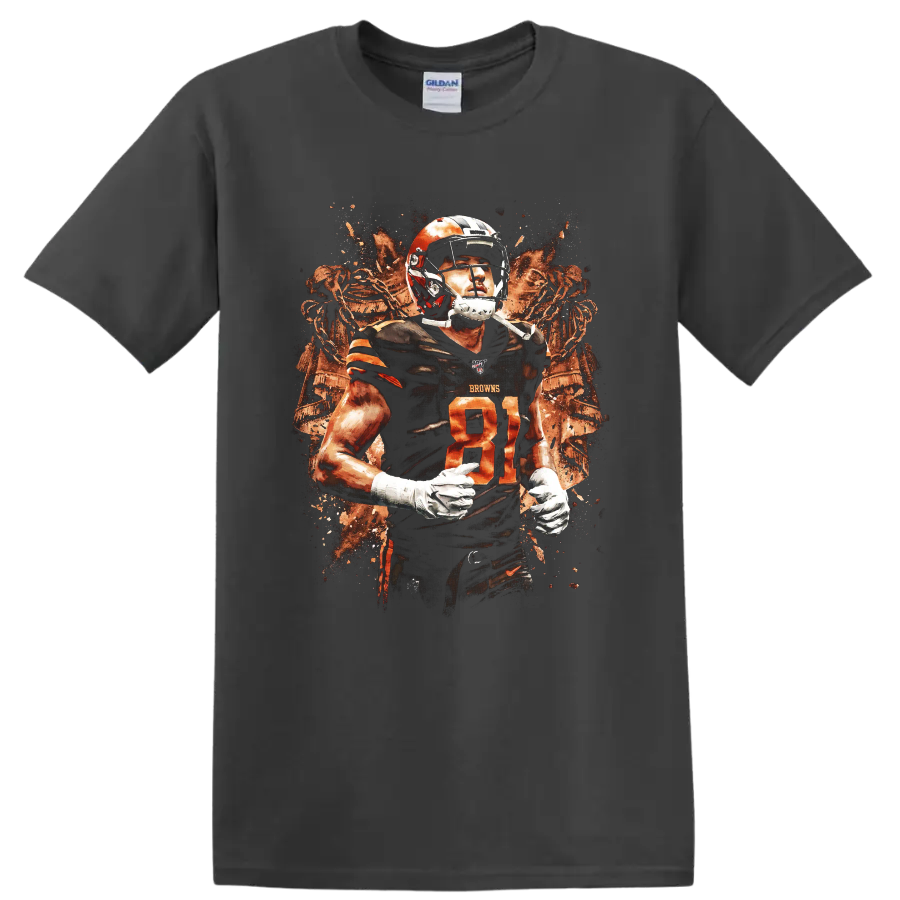 David Njoku Cleveland Browns number 81 football player with distressed skeleton art on a Charcoal T Shirt