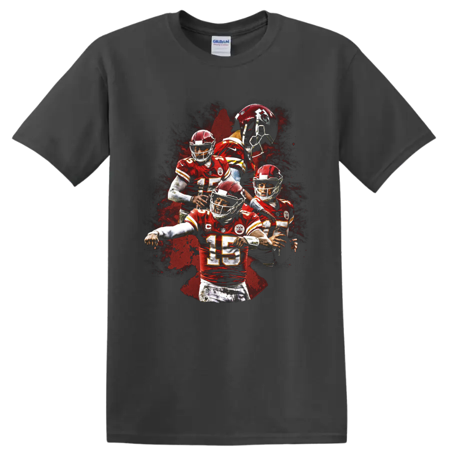 Patrick Mahomes Kansas City Chiefs number 15 action collage with red paint-splatter art on a Charcoal T Shirt