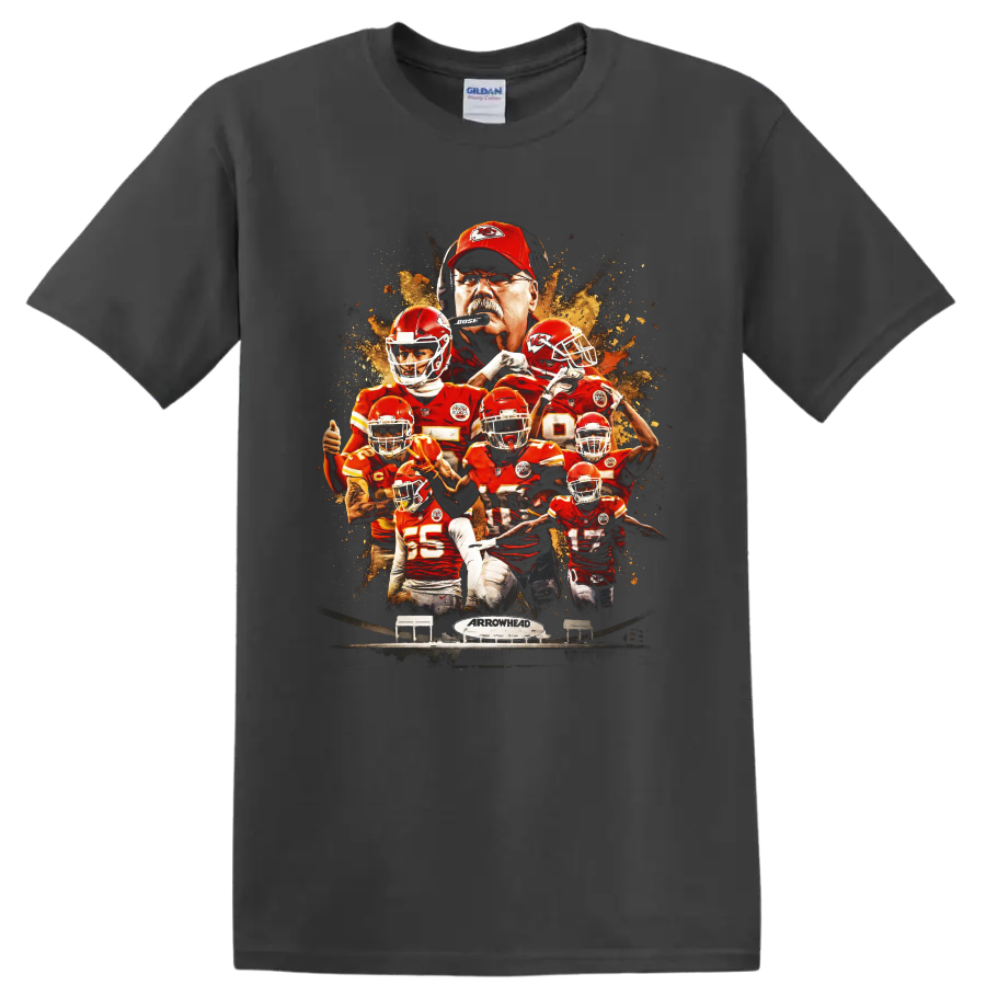 Kansas City Chiefs Mahomes and Reid paint-splatter football collage with Arrowhead on a Charcoal T Shirt