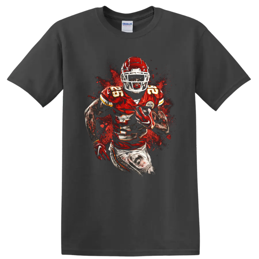 Isiah Pacheco Kansas City Chiefs running back action graphic with paint splatter on a Charcoal T Shirt