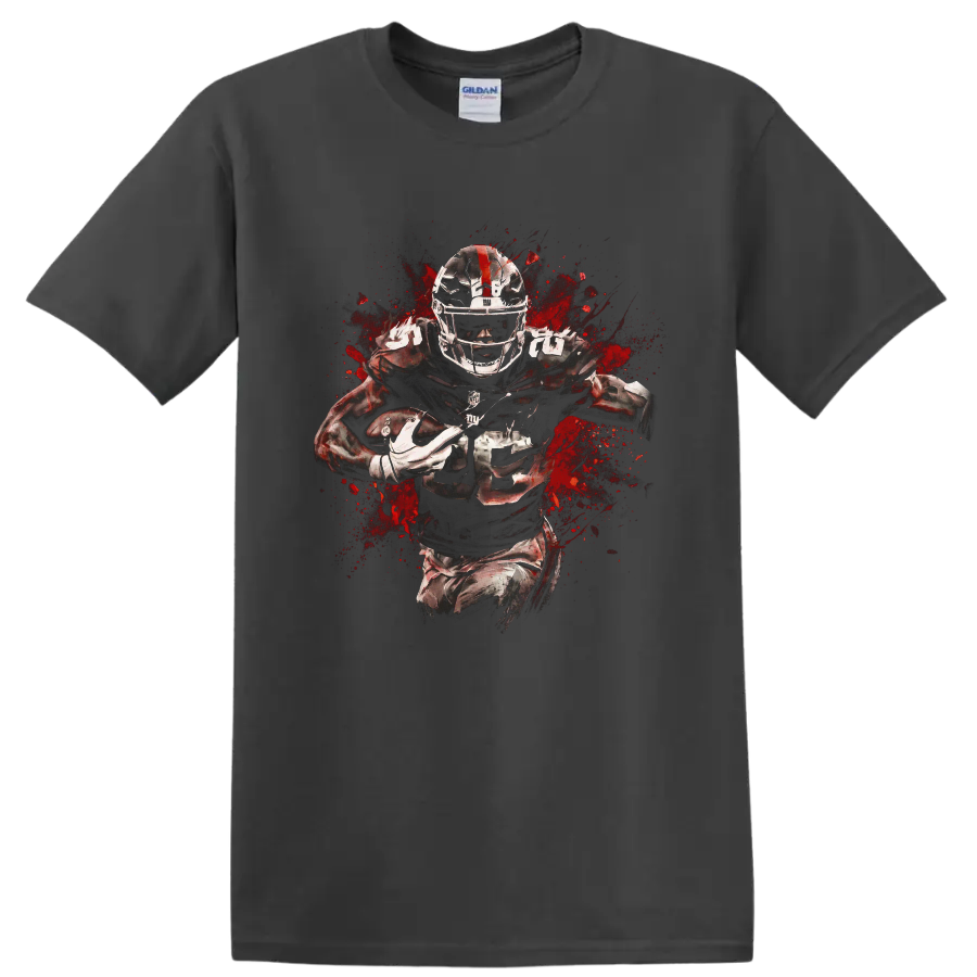 No. 25 football running back in gritty red splatter action artwork on a Charcoal T Shirt