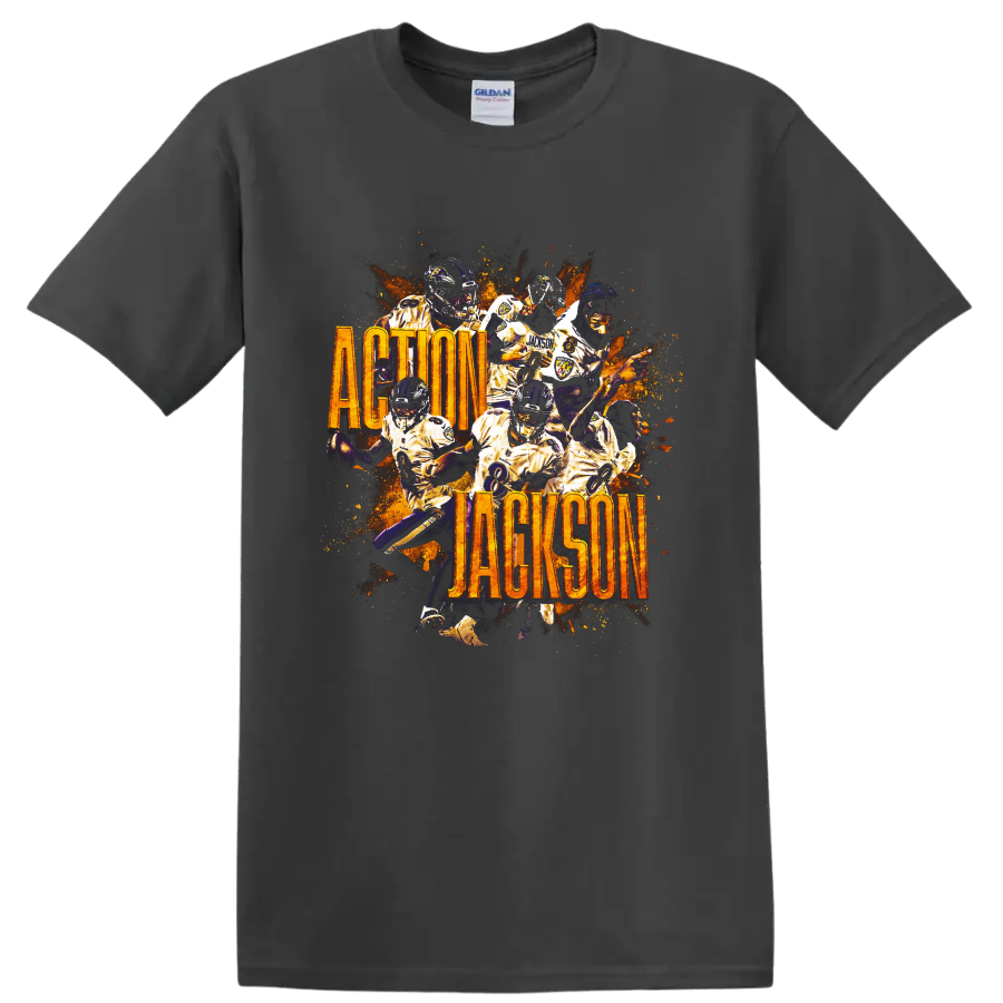 Lamar Jackson Ravens action collage with fiery splatter and Action Jackson text on a Charcoal T Shirt