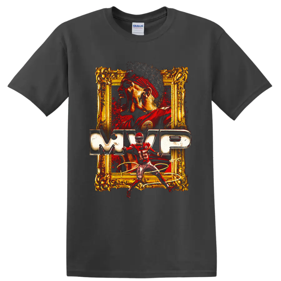 Patrick Mahomes Chiefs MVP graphic with number 15 action pose and ornate gold frame on a Charcoal T Shirt
