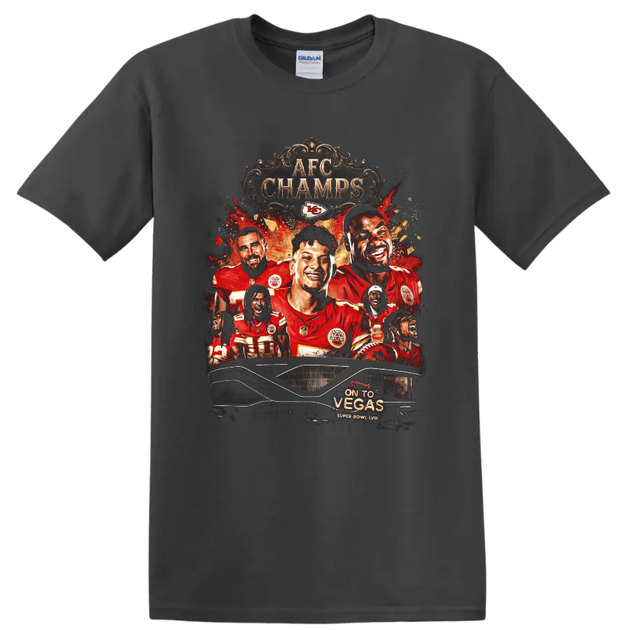 Kansas City Chiefs AFC CHAMPS player collage with On To Vegas Super Bowl LVIII on a Charcoal T Shirt