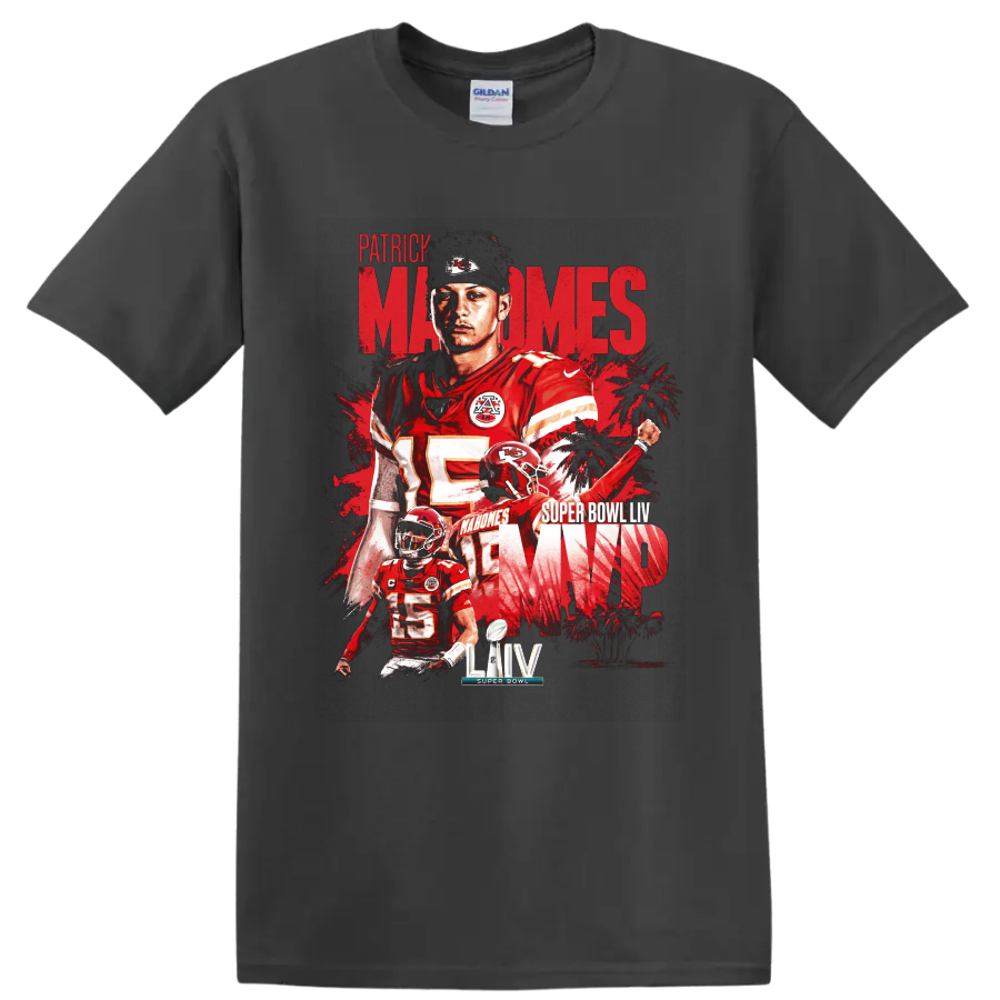Patrick Mahomes Chiefs Super Bowl LIV MVP distressed football collage graphic on a Charcoal T Shirt